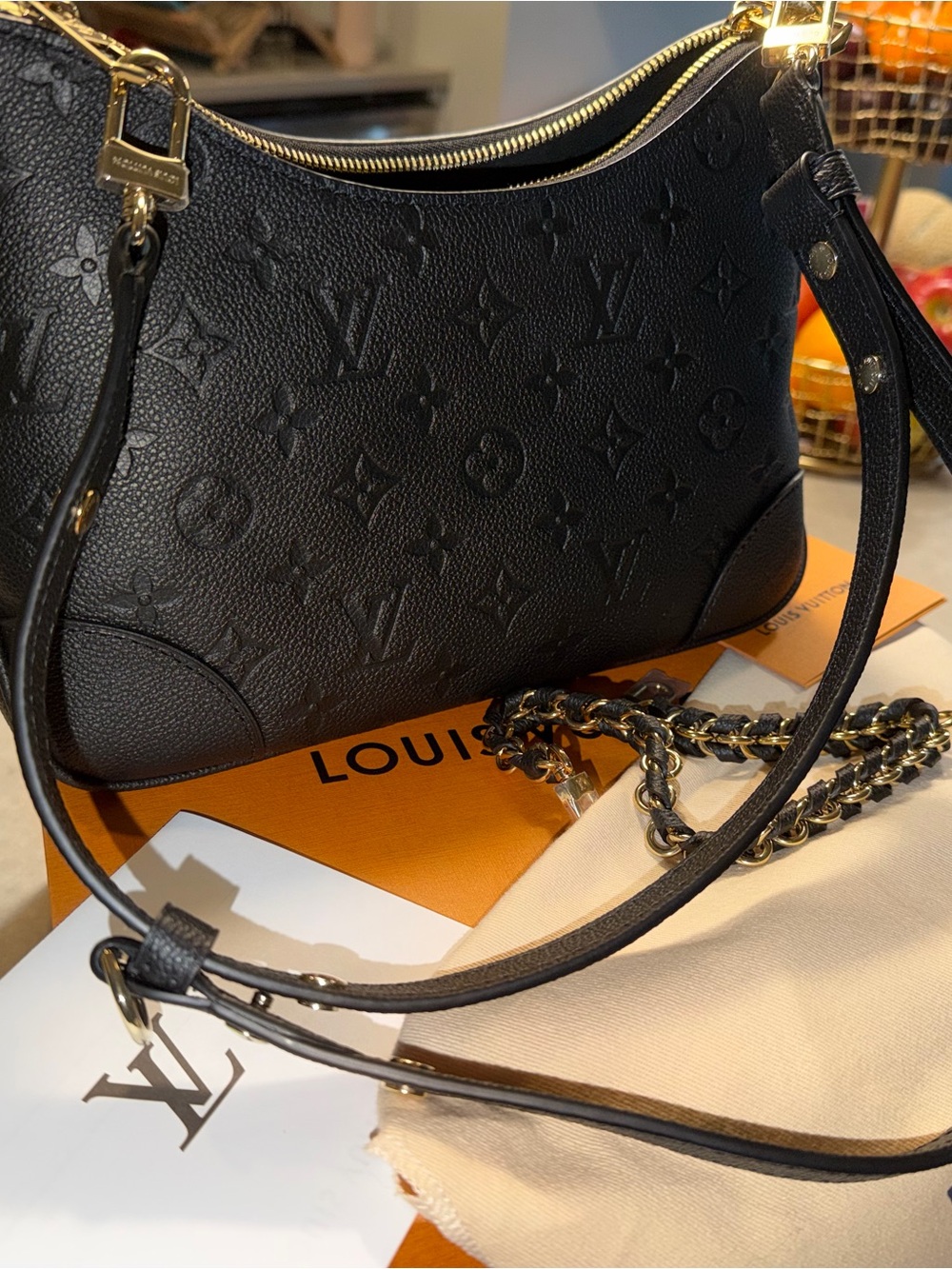 Louis Vuitton Black Embossed Monogram Shoulder Bag with Gold Hardware - Picture 2 of 6